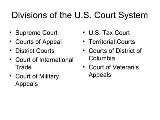 Divisions of the U.S. Court System Supreme Court Courts of Appeal District Courts Court of International Trade Court of Military Appeals U.S. Tax Court Territorial Courts Courts of District of Columbia Court of Veteran’s Appeals 