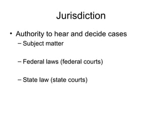 Jurisdiction Authority to hear and decide cases Subject matter  Federal laws (federal courts) State law (state courts) 