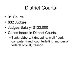 District Courts 91 Courts 632 Judges Judges Salary- $133,000 Cases heard in District Courts Bank robbery, kidnapping, mail fraud, computer fraud, counterfeiting, murder of federal official, treason 