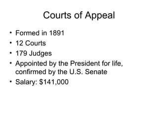 Courts of Appeal Formed in 1891 12 Courts 179 Judges Appointed by the President for life, confirmed by the U.S. Senate Salary: $141,000 