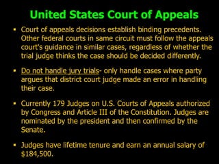 United States Court of Appeals
 Court of appeals decisions establish binding precedents.
  Other federal courts in same circuit must follow the appeals
  court's guidance in similar cases, regardless of whether the
  trial judge thinks the case should be decided differently.

 Do not handle jury trials- only handle cases where party
  argues that district court judge made an error in handling
  their case.

 Currently 179 Judges on U.S. Courts of Appeals authorized
  by Congress and Article III of the Constitution. Judges are
  nominated by the president and then confirmed by the
  Senate.

 Judges have lifetime tenure and earn an annual salary of
  $184,500.
 