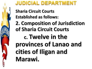 Sharia Circuit Courts
Established as follows:
2. Composition of Jurisdiction
of Sharia Circuit Courts
c. Twelve in the
provinces of Lanao and
cities of Iligan and
Marawi.
 