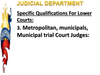 Specific Qualifications For Lower
Courts:
3. Metropolitan, municipals,
Municipal trial Court Judges:
 