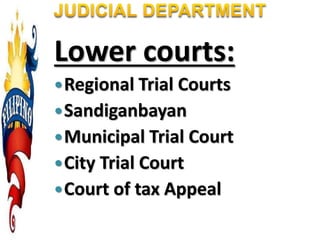 Lower courts:
Regional Trial Courts
Sandiganbayan
Municipal Trial Court
City Trial Court
Court of tax Appeal
 