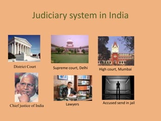 Judiciary system in India




  District Court         Supreme court, Delhi   High court, Mumbai




                                Lawyers           Accused send in jail
Chief justice of India
 