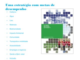 Uma estratégia com metas de
desempenho
•   Carbono

•   Água

•   Lixo

•   Materiais

•   Biodiversidade

•   Impacto Ambiental

•   Comunidade

•   Transporte e mobilidade

•   Acessibilidade

•   Empregos e negócios

•   Saúde e Bem- estar

•   Inclusão
 