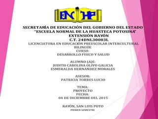 SECRETARÍA DE EDUCACIÓN DEL GOBIERNO DEL ESTADO
“ESCUELA NORMAL DE LA HUASTECA POTOSINA
”
EXTENSIÓN RAYÓN
C.T. 24DNL30003L...