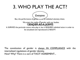 3. WHO PLAY THE ACT? But, the performance of gender is  not an individual voluntary choice .   ↓ GENDER AS A  SCRIPT It  SURVIVES  the particular actors who play it, but it  REQUIRES individual actors  in order to be actualized and reproduced  as REALITY . Everyone The constitution of gender is  always IN COMPLIANCE  with the internalized regulations of gender identity. How? Why? There is a sort of TACIT AGREEMENT...  We enact the reality of gender with our bodies.  Acting we make the gender real. 
