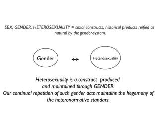SEX, GENDER, HETEROSEXUALITY = social constructs, historical products reified as natural by the gender-system.  Heterosexuality is a construct  produced  and maintained through GENDER. Our continual repetition of such gender acts maintains the hegemony of the heteronormative standars. Gender Heterosexuality ↔ 
