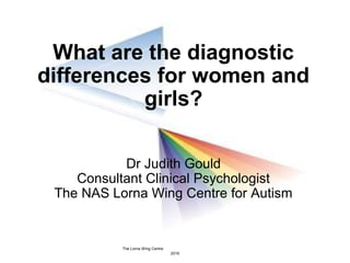 What are the diagnostic
differences for women and
girls?
Dr Judith Gould
Consultant Clinical Psychologist
The NAS Lorna Wing Centre for Autism
The Lorna Wing Centre
2016
 