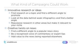 @JudithLewis
What Kind of Campaigns Could Work
Innovative research or ideas
Find research on a topic and find a different ...