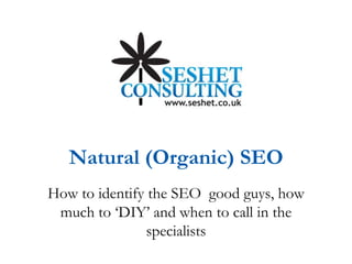 Natural (Organic) SEO How to identify the SEO  good guys, how much to ‘DIY’ and when to call in the specialists 