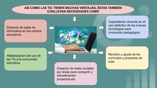 ASÍ COMO LAS TIC TIENEN MUCHAS VENTAJAS, ÉSTAS TAMBIÉN
CONLLEVAN NECESIDADES COMO
Capacitación docente en el
uso didáctico de las nuevas
tecnologías para
innovación pedagógica.
Revisión y ajuste de los
currículos y proyectos de
aula.
Creación de redes sociales
por áreas para compartir y
retroalimentar
proyectos,etc.
Alfabetización del uso de
las TIc a la comunidad
educativa.
Dotación de salas de
informática en los centros
educativos.
 