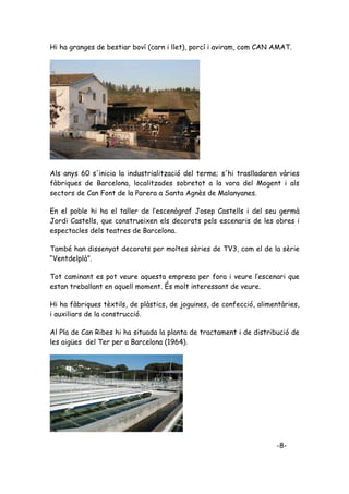 Hi ha granges de bestiar boví (carn i llet), porcí i aviram, com CAN AMAT.




Als anys 60 s'inicia la industrialització del terme; s'hi traslladaren vàries
fàbriques de Barcelona, localitzades sobretot a la vora del Mogent i als
sectors de Can Font de la Parera a Santa Agnès de Malanyanes.

En el poble hi ha el taller de l’escenògraf Josep Castells i del seu germà
Jordi Castells, que construeixen els decorats pels escenaris de les obres i
espectacles dels teatres de Barcelona.

També han dissenyat decorats per moltes sèries de TV3, com el de la sèrie
“Ventdelplà”.

Tot caminant es pot veure aquesta empresa per fora i veure l’escenari que
estan treballant en aquell moment. És molt interessant de veure.

Hi ha fàbriques tèxtils, de plàstics, de joguines, de confecció, alimentàries,
i auxiliars de la construcció.

Al Pla de Can Ribes hi ha situada la planta de tractament i de distribució de
les aigües del Ter per a Barcelona (1964).




                                                                      -8-
 