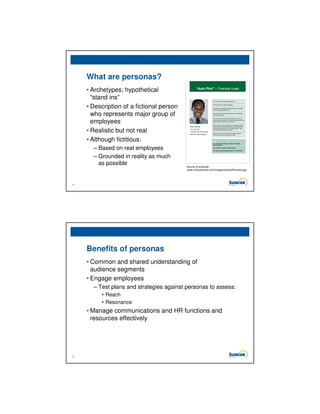 What are personas?
    • Archetypes; hypothetical
      “stand ins”
    • Description of a fictional person
      who represents major group of
      employees
    • Realistic but not real
    • Although fictitious:
      – Based on real employees
      – Grounded in reality as much
        as possible                       Source of example:
                                          www.mollystevens.com/images/samplePersona.jpg




4




    Benefits of personas
    • Common and shared understanding of
      audience segments
    • Engage employees
      – Test plans and strategies against personas to assess:
         • Reach
         • Resonance
    • Manage communications and HR functions and
      resources effectively




5
 
