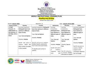 Weekly Learning Plan in Reading and Writing | DOCX
