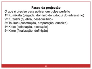 19Fases da projecçãoO que é preciso para aplicar um golpe perfeito1ºKumikata (pegada, domínio do judogui do adversário) 2ºKuzushi (quebra, desequilíbrio) 3ºTsukuri (construção, preparação, encaixe) 4ºKake (colocação, execução) 5ºKime (finalização, definição) 