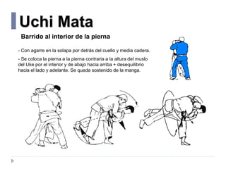 Uchi Mata
- Con agarre en la solapa por detrás del cuello y media cadera.
- Se coloca la pierna a la pierna contraria a la...