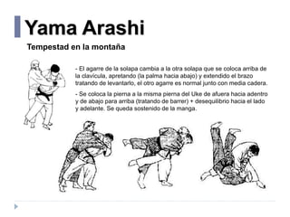 Yama Arashi
Tempestad en la montaña
- El agarre de la solapa cambia a la otra solapa que se coloca arriba de
la clavícula,...