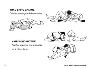 YOKO SHIHO GATAME
Control lateral por 4 direcciones
KAMI SHIHO GATAME
Control superior por la cabeza
en 4 direcciones
Osae...