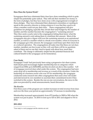 How Does the System Work?
Synagogues that have eliminated their dues have done something which is quite
simple but potentially quite radical. They still ask their members for money in
the form of pledges, but they have done away with congregational oversight of
those pledges. They have eliminated their abatement committees or needing to
speak to the executive director or doing whatever it was that they used to do
when a member could not pay their dues. These congregations still give
guidelines for pledging, typically they divide their total budget by the number of
families and this number becomes the congregation’s “sustaining amount.”
They then send a yearly note to the congregation letting them know what the
sustaining amount is and asking them to contribute this amount. Most of the
synagogues also give a figure well over the sustaining amount as an aspirational
number, as well as a number which is a break even number, where if everyone in
the synagogue gave this amount, the synagogue could keep open their doors but
at a reduced operation. The congregations all make clear that these are not dues
number, members are free to pay as they will, and there will be no questions
asked of them and no one they need to speak with about how much they
contribute. The change is ultimately simple but the potential financial and
cultural benefit to the synagogue can be tremendous.
Case Study
Synagogue Torah1 had previously been using a progressive fair share system.
Individuals paid increasingly higher membership fees in categories which
ranged from $50k up to $250,000k and then leveled out above this number. %25
of synagogue received dues relief under this system. The congregation had seen
some drop off in membership and revenue as a result of the recession. Under the
leadership of a business owner who was VP for membership, the synagogue
conducted some research into other congregations that used a free will model
and interviewed its own members to ascertain their commitment levels if they
switched to this system. Besides the one-on-one conversations, the move to the
plan was preceded by email announcements, board discussion
The Results:
First three years of the program saw modest increases in total revenue from dues
and over the three year period an approximately %9 increase in membership.
Membership increased approximately from 475 families in 2009 to 500 when the
system was put in place. In 2010 it went up to 525 in 2011 and dipped to 516 in
2012.
2011-2012
1

Case study is a real synagogue and the statistics are real.

 
