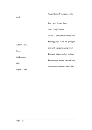 Tempat Lahir : Di pangkuan suster
cantik
Hari Lahir : Selasa (Wage)
Shio : Elang Kerajaan
Zodiak : Cancer, percintaan lagi rumit
Seorang pelajar bodoh dari gabungan
makhluk betawi
dan sunda juga penunggang motor
Supra.
Disinyalir sebagai profesor kesialan
lagi kesesatan.
Pejuang gugur asmara, menolak garis
LDR.
Mengenyam bangku sekolah di SMK
Negeri 1 Depok.
26 | P a g e
 