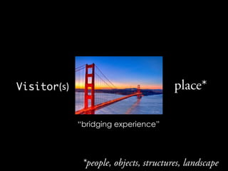 Visitor
 place*
“bridging experience”
(s)	
  
*people, objects, structures, landscape
 