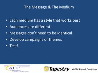 The Message & The Medium Each medium has a style that works best  Audiences are different  Messages don ’ t need to be identical Develop campaigns or themes Test! 