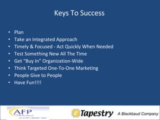 Keys To Success Plan Take an Integrated Approach  Timely & Focused - Act Quickly When Needed  Test Something New All The Time Get “Buy In” Organization-Wide Think Targeted One-To-One Marketing People Give to People Have Fun!!!! 