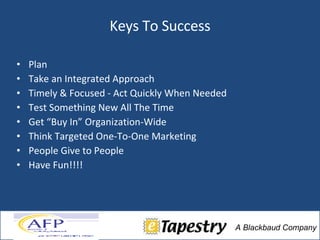 Keys To Success Plan Take an Integrated Approach  Timely & Focused - Act Quickly When Needed  Test Something New All The Time Get “Buy In” Organization-Wide Think Targeted One-To-One Marketing People Give to People Have Fun!!!! 