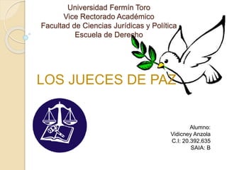 Universidad Fermín Toro
Vice Rectorado Académico
Facultad de Ciencias Jurídicas y Política
Escuela de Derecho
LOS JUECES DE PAZ
Alumno:
Vidicney Anzola
C.I: 20.392.635
SAIA: B
 