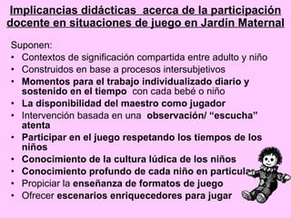 Implicancias didácticas  acerca de la  participación docente en situaciones de juego en Jardín Maternal Suponen:  Contextos de significación compartida entre adulto y niño  Construidos en base a procesos intersubjetivos  Momentos para el trabajo individualizado diario y sostenido en el tiempo  con cada bebé o niño  La disponibilidad del maestro como jugador Intervención basada en una  observación/ “escucha” atenta  Participar en el juego respetando los tiempos de los niños Conocimiento de la cultura lúdica de los niños  Conocimiento profundo de cada niño en particular   Propiciar la  enseñanza de formatos de juego Ofrecer  escenarios enriquecedores para jugar   