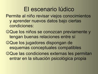 El escenario lúdico Permite al niño revisar viejos conocimientos y aprender nuevos datos bajo ciertas condiciones: Que los niños se conozcan previamente y tengan buenas relaciones entre sí Que los jugadores dispongan de esquemas conceptuales compatibles Que las condiciones externas les permitan entrar en la situación psicológica propia 