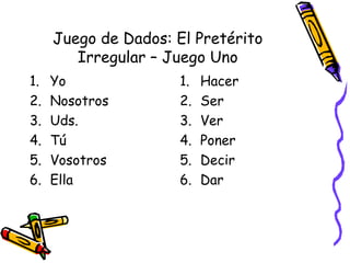 Juego de Dados: El Pretérito Irregular – Juego Uno Yo Nosotros Uds. Tú Vosotros Ella Hacer Ser Ver Poner Decir Dar
