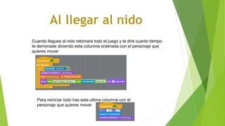 Cuando llegues al nido retomara todo el juego y te dirá cuanto tiempo
te demoraste diciendo esta columna ordenada con el personaje que
quieres mover
Para reiniciar todo has esta ultima columna con el
personaje que quieres mover