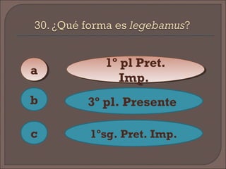 aa
c
b
1º pl Pret.
Imp.
1º pl Pret.
Imp.
3º pl. Presente
1ºsg. Pret. Imp.
 