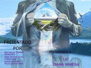 PRESENTADO
POR
• NATHALIA TRIANA
SÁNCHEZ
• SARA JOHANA ROJAS
CONSUEGRA
• DARLIN VICTORIA
TRUJILLO DE LA PAVA
PRESENTADO A
LIC
DIANA VANESA
 