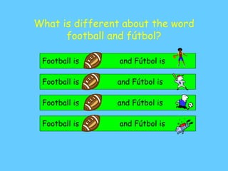 What is different about the word
football and fútbol?
Football is and Fútbol is
Football is and Fútbol is
Football is and Fútbol is
Football is and Fútbol is
 