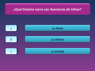 a b c ¿Qué historia narra  Las Aventuras de Ulises ? La Ilíada La Odisea La Eneida 