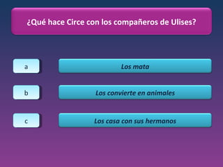 a b c ¿Qué hace Circe con los compañeros de Ulises? Los mata Los convierte en animales Los casa con sus hermanos 