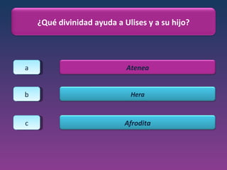 a b c ¿Qué divinidad ayuda a Ulises y a su hijo? Atenea Hera Afrodita 