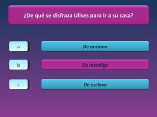 a b c ¿De qué se disfraza Ulises para ir a su casa? De anciano De mendigo De esclavo 