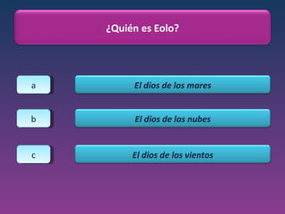 a b c ¿Quién es Eolo? El dios de los mares El dios de las nubes El dios de los vientos 