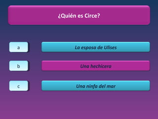 a b c ¿Quién es Circe? La esposa de Ulises Una hechicera Una ninfa del mar 