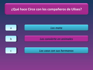 a b c ¿Qué hace Circe con los compañeros de Ulises? Los mata Los convierte en animales Los casa con sus hermanos 