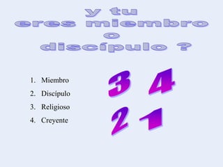 1. Miembro
2. Discípulo
3. Religioso
4. Creyente
 