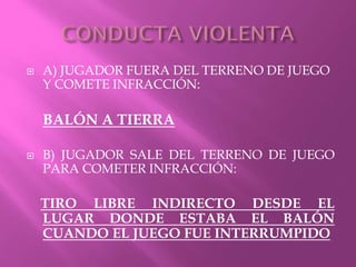  A) JUGADOR FUERA DEL TERRENO DE JUEGO
Y COMETE INFRACCIÓN:
BALÓN A TIERRA
 B) JUGADOR SALE DEL TERRENO DE JUEGO
PARA COMETER INFRACCIÓN:
TIRO LIBRE INDIRECTO DESDE EL
LUGAR DONDE ESTABA EL BALÓN
CUANDO EL JUEGO FUE INTERRUMPIDO
 