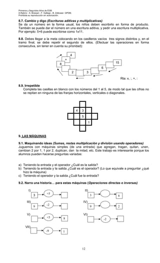 Primeros y Segundos Años de EGB.
A.Rabino - A. Bressan - F. Gallego - B. Zolkower. GPDM.
Prohibida su reproducción sin autorización.
12
8.7. Cambio y digo (Escrituras aditivas y multiplicativas)
Se da un número en la forma usual, los niños deben escribirlo en forma de producto.
También se puede dar el número en una escritura aditiva, y pedir una escritura multiplicativa.
Por ejemplo: 5+6 puede escribirse como 1x11.
8.8. Debes llegar a la meta colocando en los casilleros vacíos tres signos distintos y, en el
tramo final, se debe repetir el segundo de ellos. (Efectuar las operaciones en forma
consecutiva, sin tener en cuenta su prioridad):
Rta: x, :, +, :
8.9. Irrepetible
Completa las casillas en blanco con los números del 1 al 5, de modo tal que las cifras no
se repitan en ninguna de las franjas horizontales, verticales o diagonales.
9. LAS MÁQUINAS
9.1. Maquinando ideas (Sumas, restas multiplicación y división usando operadores)
Juguemos con máquinas simples (de una entrada) que agregan, tragan, quitan, unen,
cambian 2 por 1, 1 por 2, duplican, dan la mitad, etc. Este trabajo es interesante porque los
alumnos pueden hacerse preguntas variadas:
a) Teniendo la entrada y el operador ¿Cuál es la salida?
b) Teniendo la entrada y la salida ¿Cuál es el operador? (Lo que equivale a preguntar ¿qué
hizo la máquina)
c) Teniendo el operador y la salida ¿Cuál fue la entrada?
9.2. Narra una historia… para estas máquinas (Operaciones directas e inversas)
3
+5
I)
83
II)
9
-2
III)
29
IV)
8+5
V)
-2
VI)
1-9
VII)
4
=
8
2 3
6
15
1
5
4 3
 