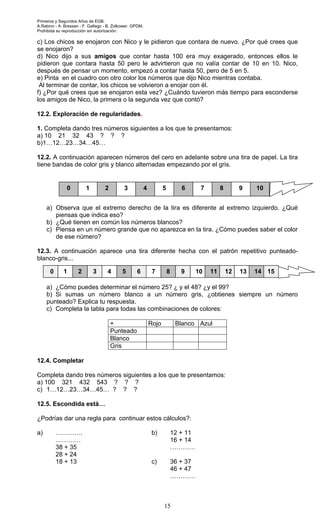 Primeros y Segundos Años de EGB.
A.Rabino - A. Bressan - F. Gallego - B. Zolkower. GPDM.
Prohibida su reproducción sin autorización.
15
c) Los chicos se enojaron con Nico y le pidieron que contara de nuevo. ¿Por qué crees que
se enojaron?
d) Nico dijo a sus amigos que contar hasta 100 era muy exagerado, entonces ellos le
pidieron que contara hasta 50 pero le advirtieron que no valía contar de 10 en 10. Nico,
después de pensar un momento, empezó a contar hasta 50, pero de 5 en 5.
e) Pinta en el cuadro con otro color los números que dijo Nico mientras contaba.
Al terminar de contar, los chicos se volvieron a enojar con él.
f) ¿Por qué crees que se enojaron esta vez? ¿Cuándo tuvieron más tiempo para esconderse
los amigos de Nico, la primera o la segunda vez que contó?
12.2. Exploración de regularidades.
1. Completa dando tres números siguientes a los que te presentamos:
a) 10 21 32 43 ? ? ?
b)1…12…23…34…45…
12.2. A continuación aparecen números del cero en adelante sobre una tira de papel. La tira
tiene bandas de color gris y blanco alternadas empezando por el gris.
a) Observa que el extremo derecho de la tira es diferente al extremo izquierdo. ¿Qué
piensas que indica eso?
b) ¿Qué tienen en común los números blancos?
c) Piensa en un número grande que no aparezca en la tira. ¿Cómo puedes saber el color
de ese número?
12.3. A continuación aparece una tira diferente hecha con el patrón repetitivo punteado-
blanco-gris...
a) ¿Cómo puedes determinar el número 25? ¿ y el 48? ¿y el 99?
b) Si sumas un número blanco a un número gris, ¿obtienes siempre un número
punteado? Explica tu respuesta.
c) Completa la tabla para todas las combinaciones de colores:
+ Rojo Blanco Azul
Punteado
Blanco
Gris
12.4. Completar
Completa dando tres números siguientes a los que te presentamos:
a) 100 321 432 543 ? ? ?
c) 1…12…23…34…45… ? ? ?
12.5. Escondida está…
¿Podrías dar una regla para continuar estos cálculos?:
a) ………….
…………
38 + 35
28 + 24
18 + 13
b) 12 + 11
16 + 14
…………
c) 36 + 37
46 + 47
…………
0 10987654321
0 10987654321 1514131211
 