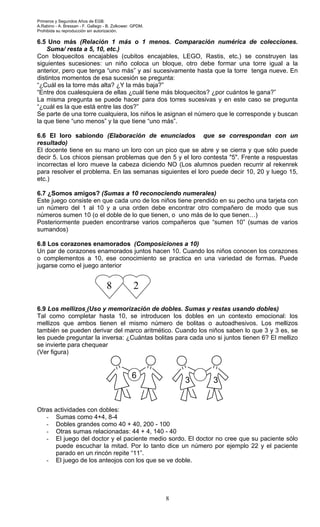 Primeros y Segundos Años de EGB.
A.Rabino - A. Bressan - F. Gallego - B. Zolkower. GPDM.
Prohibida su reproducción sin autorización.
8
6.5 Uno más (Relación 1 más o 1 menos. Comparación numérica de colecciones.
Suma/ resta a 5, 10, etc.)
Con bloquecitos encajables (cubitos encajables, LEGO, Rastis, etc.) se construyen las
siguientes sucesiones: un niño coloca un bloque, otro debe formar una torre igual a la
anterior, pero que tenga “uno más” y así sucesivamente hasta que la torre tenga nueve. En
distintos momentos de esa sucesión se pregunta:
“¿Cuál es la torre más alta? ¿Y la más baja?”
“Entre dos cualesquiera de ellas ¿cuál tiene más bloquecitos? ¿por cuántos le gana?”
La misma pregunta se puede hacer para dos torres sucesivas y en este caso se pregunta
“¿cuál es la que está entre las dos?”
Se parte de una torre cualquiera, los niños le asignan el número que le corresponde y buscan
la que tiene “uno menos” y la que tiene “uno más”.
6.6 El loro sabiondo (Elaboración de enunciados que se correspondan con un
resultado)
El docente tiene en su mano un loro con un pico que se abre y se cierra y que sólo puede
decir 5. Los chicos piensan problemas que den 5 y el loro contesta "5". Frente a respuestas
incorrectas el loro mueve la cabeza diciendo NO (Los alumnos pueden recurrir al rekenrek
para resolver el problema. En las semanas siguientes el loro puede decir 10, 20 y luego 15,
etc.)
6.7 ¿Somos amigos? (Sumas a 10 reconociendo numerales)
Este juego consiste en que cada uno de los niños tiene prendido en su pecho una tarjeta con
un número del 1 al 10 y a una orden debe encontrar otro compañero de modo que sus
números sumen 10 (o el doble de lo que tienen, o uno más de lo que tienen…)
Posteriormente pueden encontrarse varios compañeros que “sumen 10” (sumas de varios
sumandos)
6.8 Los corazones enamorados (Composiciones a 10)
Un par de corazones enamorados juntos hacen 10. Cuando los niños conocen los corazones
o complementos a 10, ese conocimiento se practica en una variedad de formas. Puede
jugarse como el juego anterior
6.9 Los mellizos (Uso y memorización de dobles. Sumas y restas usando dobles)
Tal como completar hasta 10, se introducen los dobles en un contexto emocional: los
mellizos que ambos tienen el mismo número de bolitas o autoadhesivos. Los mellizos
también se pueden derivar del marco aritmético. Cuando los niños saben lo que 3 y 3 es, se
les puede preguntar la inversa: ¿Cuántas bolitas para cada uno si juntos tienen 6? El mellizo
se invierte para chequear
(Ver figura)
Otras actividades con dobles:
- Sumas como 4+4, 8-4
- Dobles grandes como 40 + 40, 200 - 100
- Otras sumas relacionadas: 44 + 4, 140 - 40
- El juego del doctor y el paciente medio sordo. El doctor no cree que su paciente sólo
puede escuchar la mitad. Por lo tanto dice un número por ejemplo 22 y el paciente
parado en un rincón repite “11”.
- El juego de los anteojos con los que se ve doble.
28
6
3 3
 